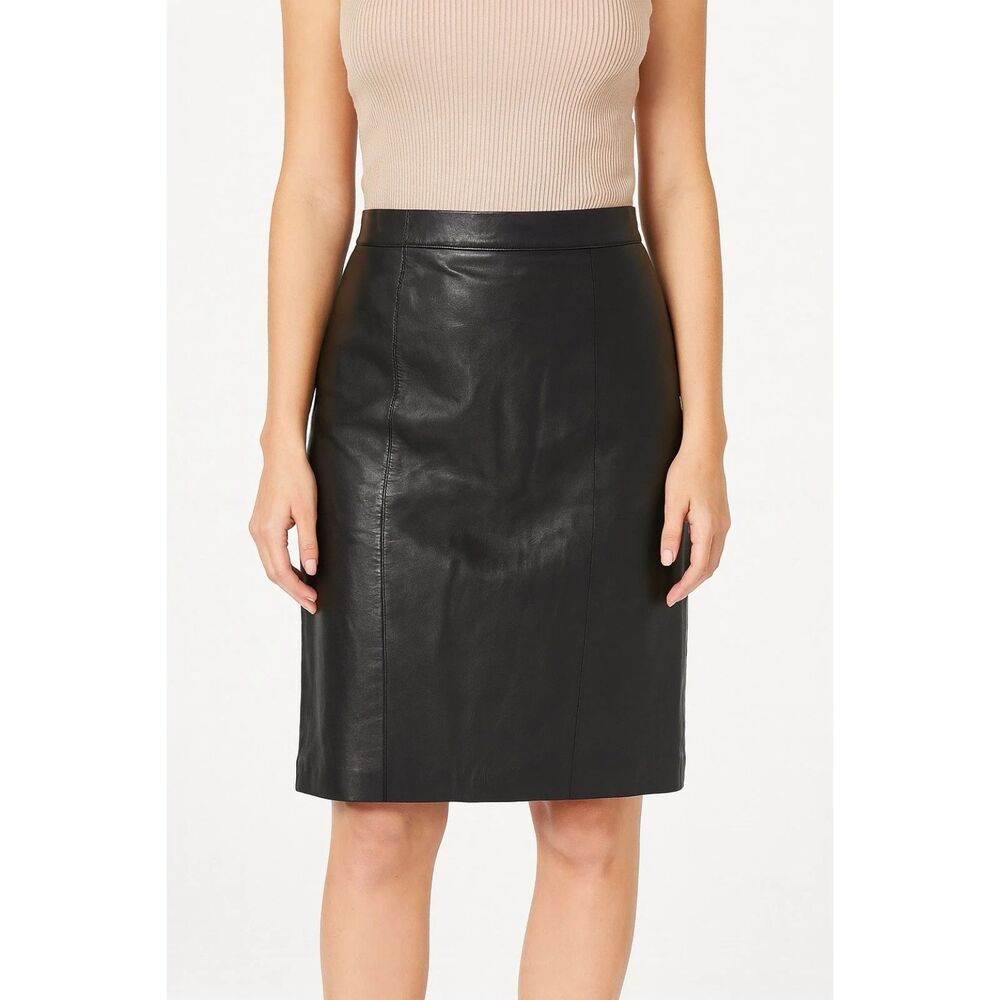 Rafferty Leather Skirt Womens Sz 13/14 Pencil High Waist Snap Slit Rocker Vtg